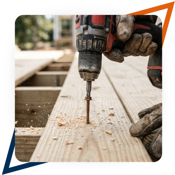 Close-up of a screw being drilled into a deck
