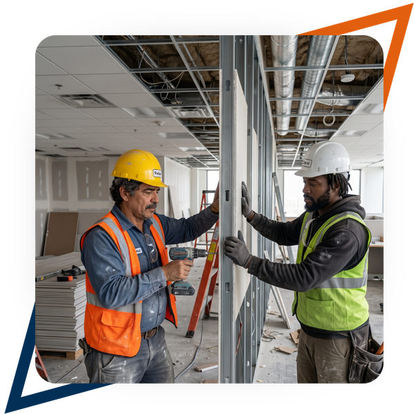 Two builders installing a dividing wall in an office
