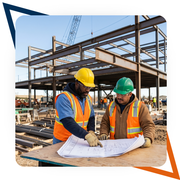 Construction workers looking at a blueprint