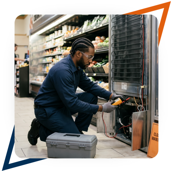 man repairing a grocery store's refrigeration system