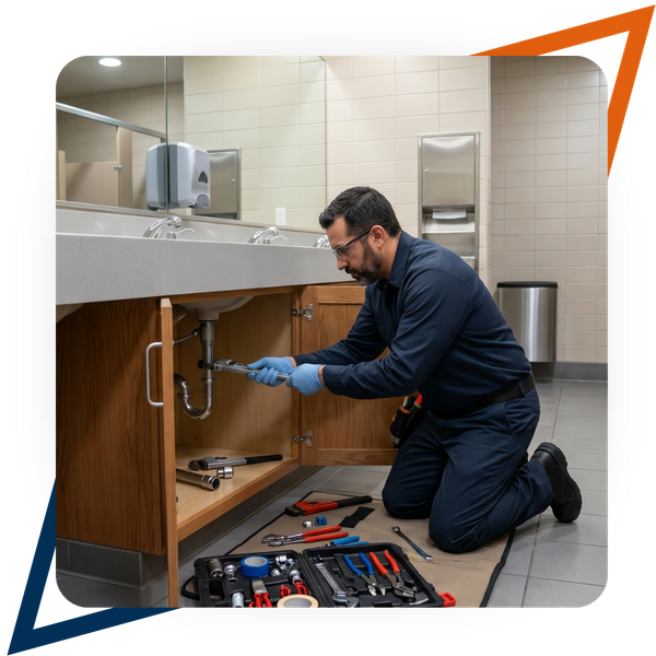 Man repairing a commercial bathroom sink
