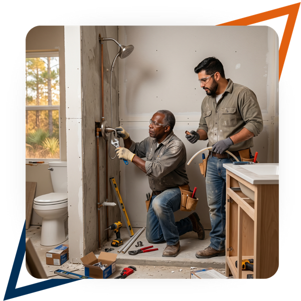 Two contractors remodeling a shower