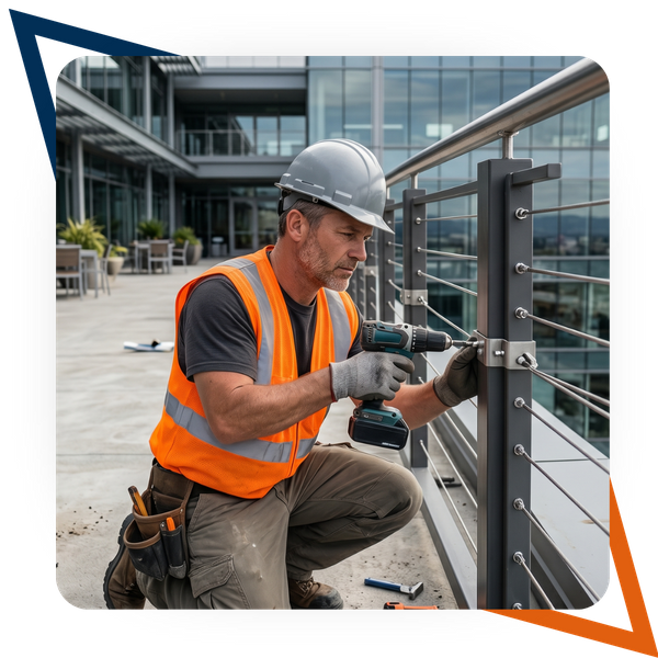 Construction worker installing a railing system onto an office outdoor space