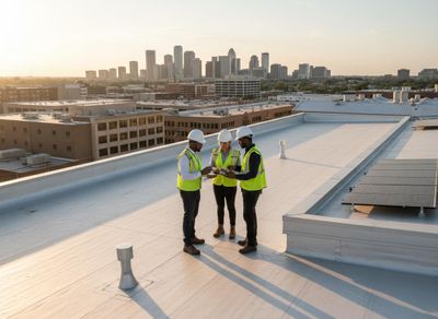 Three diverse construction professionals in safety gear review documents on a sunlit city rooftop with solar panels and a distant skyline. Construction Team Reviewing Plans on City Rooftop with Solar Panels