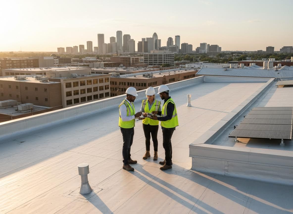 Construction Team Reviewing Plans on City Rooftop with Solar Panels