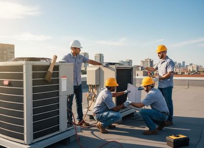 Four HVAC technicians in hard hats are performing maintenance and repairs on large air conditioning units on a city rooftop. HVAC Technicians Servicing Rooftop Air Conditioning Units