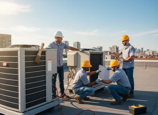 Four HVAC technicians in hard hats are performing maintenance and repairs on large air conditioning units on a city rooftop. HVAC Technicians Servicing Rooftop Air Conditioning Units