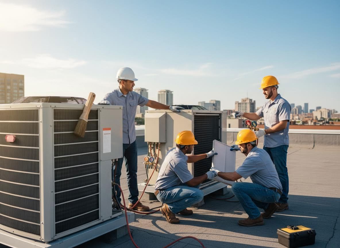 HVAC Technicians Servicing Rooftop Air Conditioning Units