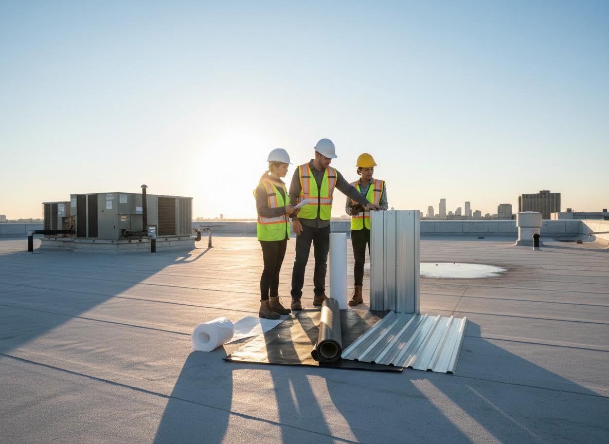 Construction team reviewing roofing materials on a building rooftop