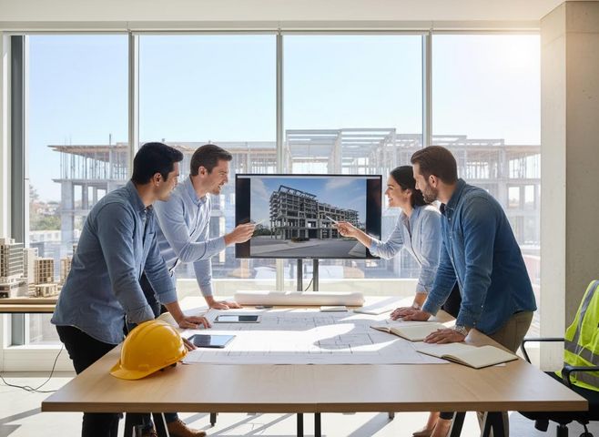 Four architects or engineers discuss building plans displayed on a large screen, with blueprints and a hard hat on the table. Architects and Engineers Reviewing Building Design Plans