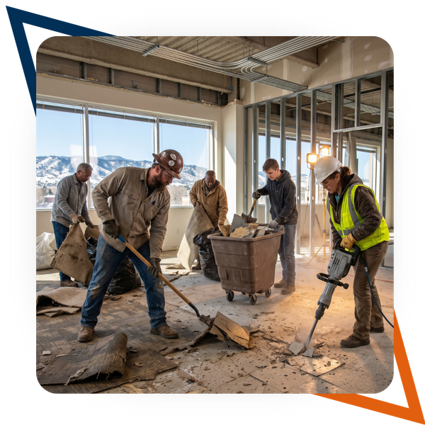 Construction crew digging up an old floor