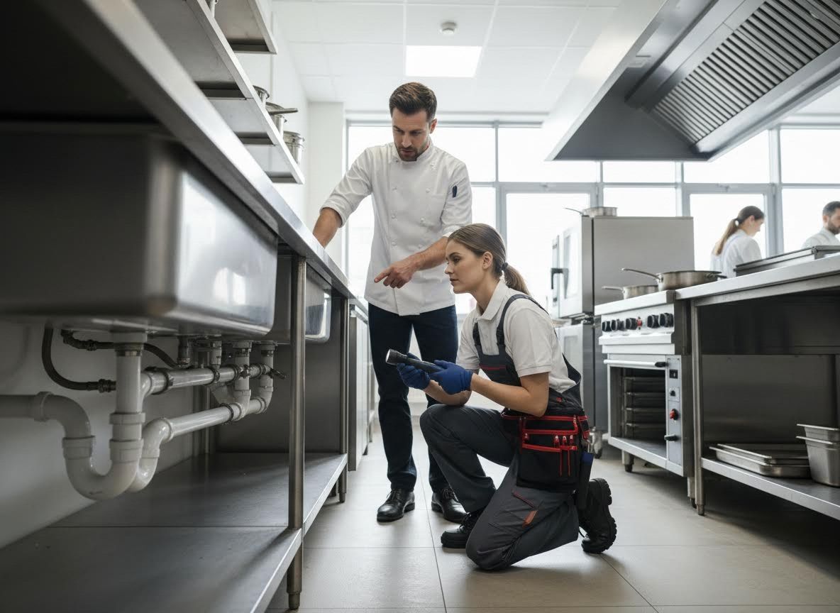 Chef and technician inspecting kitchen plumbing