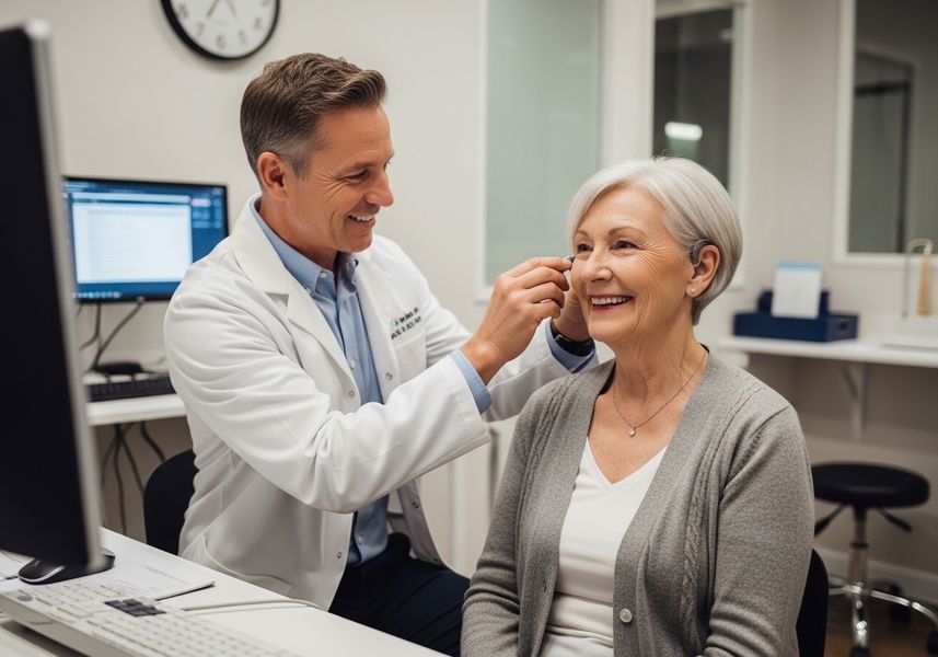 An audiologist is carefully fitting a hearing aid into the ear of a smiling senior woman in a bright, modern office. The patient appears comfortable and confident in the audiologist's care. Audiologist Fitting Hearing Aid