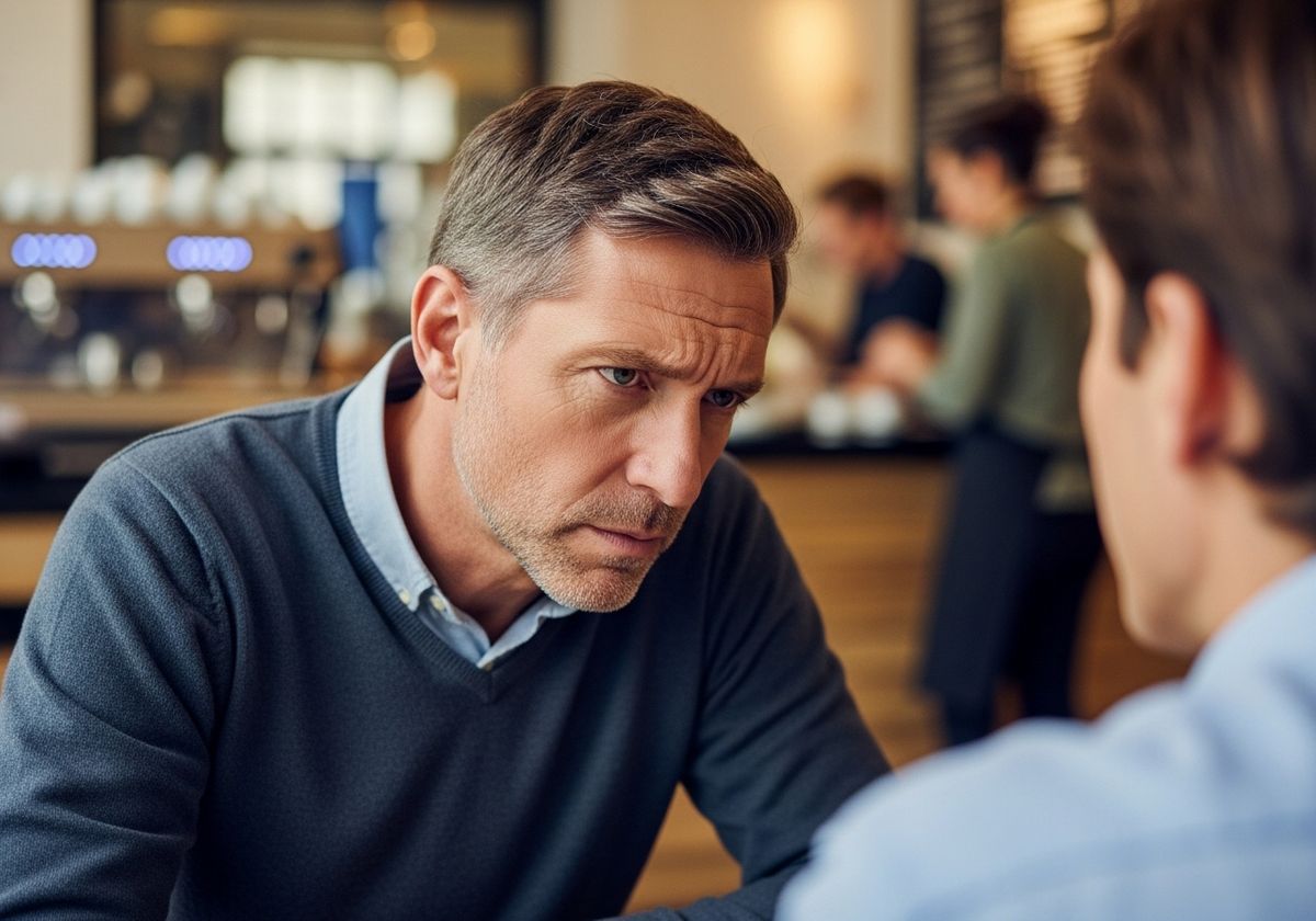 Man with furrowed brow in conversation