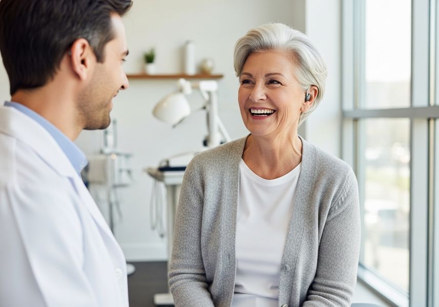 A smiling senior woman with short grey hair and a hearing aid is seen at a doctor's office, looking at the male doctor in a white coat who is facing her. Happy Senior Woman at Doctor's Office with Hearing Aid
