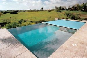 Negative edge pool cover with grassy flatlands in background