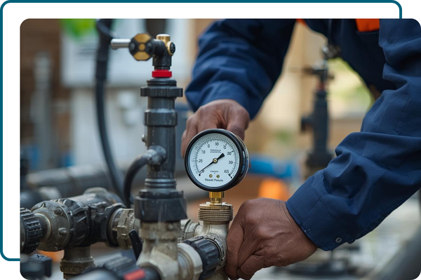 Expert pool contractor using industrial equipment to blow out plumbing lines for freeze protection.