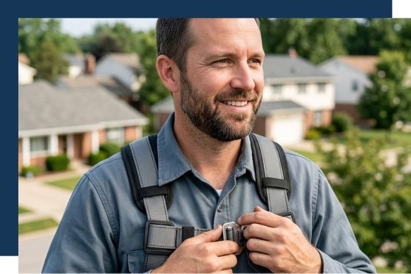 A man strapped into a safety harness on a roof