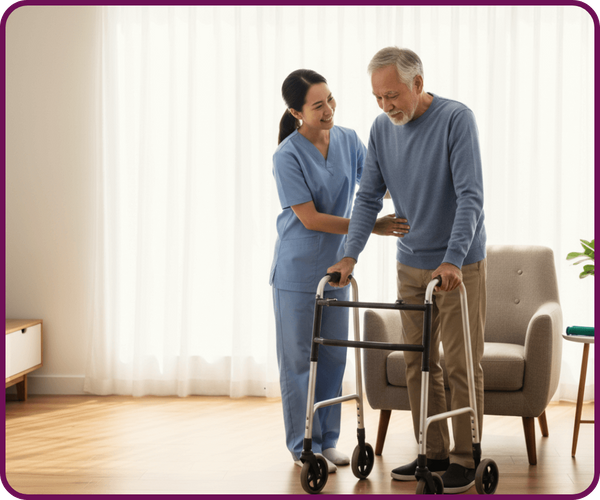 Image of a caregiver helping a man with a walker get around his house