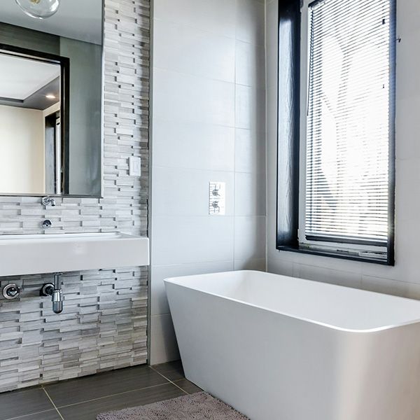 bathroom, gray tile backsplash