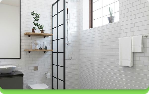 bathroom, white tiles, shoji-style shower wall