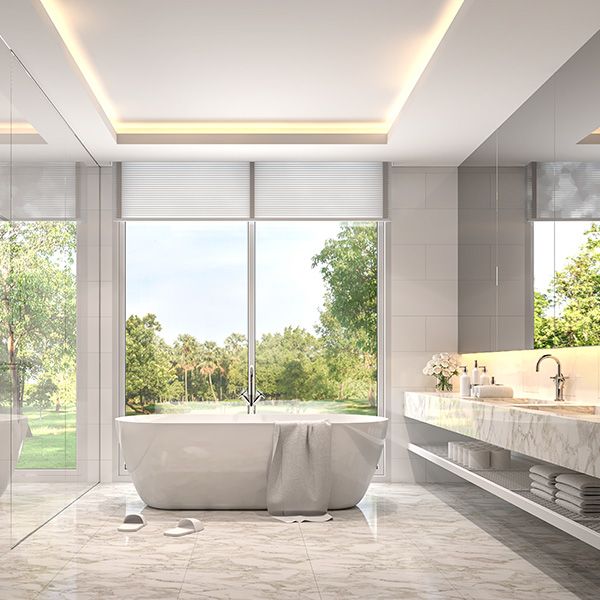 bathroom, recesed ceiling lighting and large windows