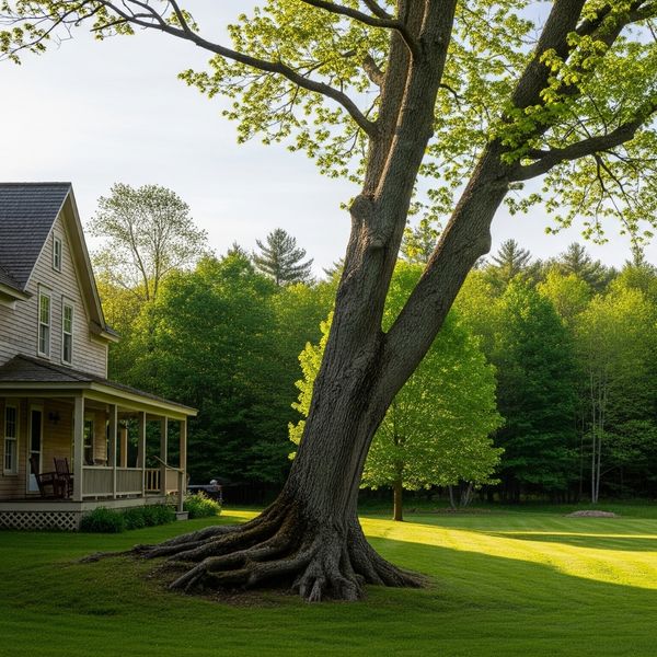 A tall tree slightly leaning away from a house, roots visible at soil level.