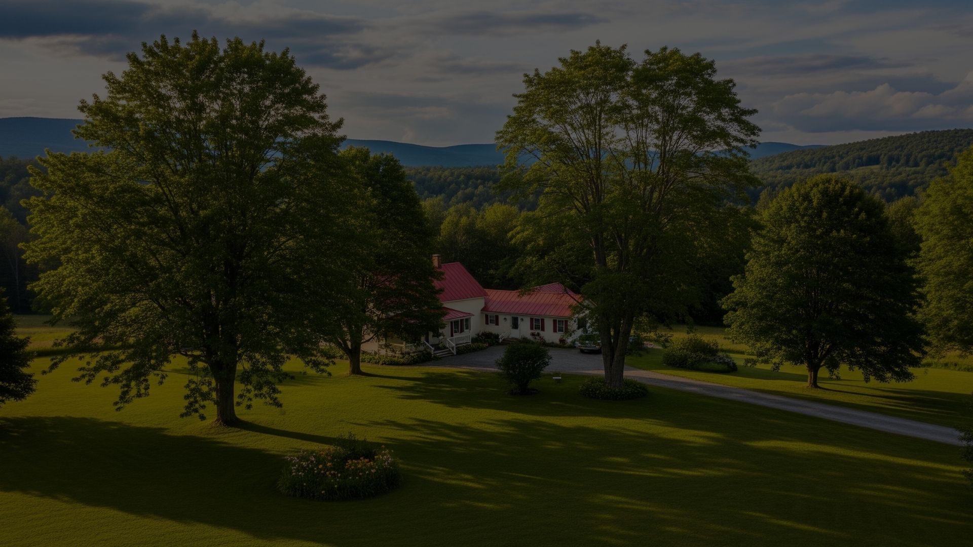 A Vermont property in late summer with large mature trees near a home
