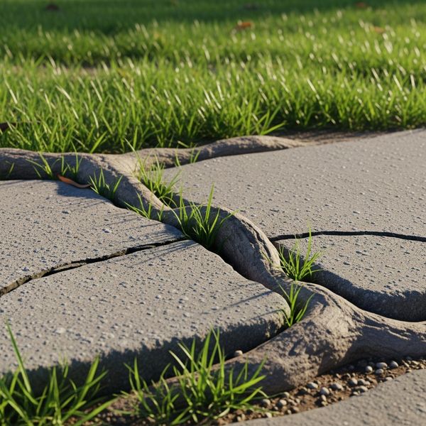 A cracked concrete sidewalk with tree roots visibly pushing underneath