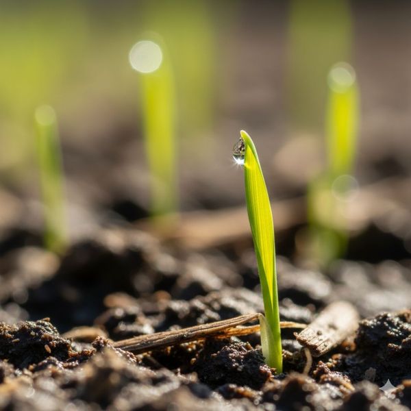 A single, healthy grass blade sprouting from the soil, representing rapid growth.