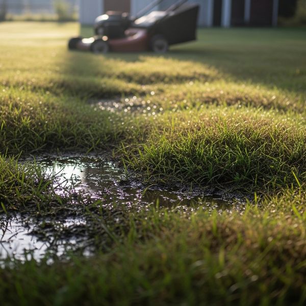 A Vermont backyard lawn with uneven, raised areas and small soggy spots, mower in background