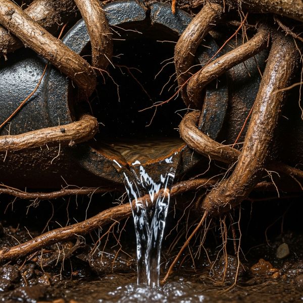 ng tree roots wrapping around underground pipes with water leaking