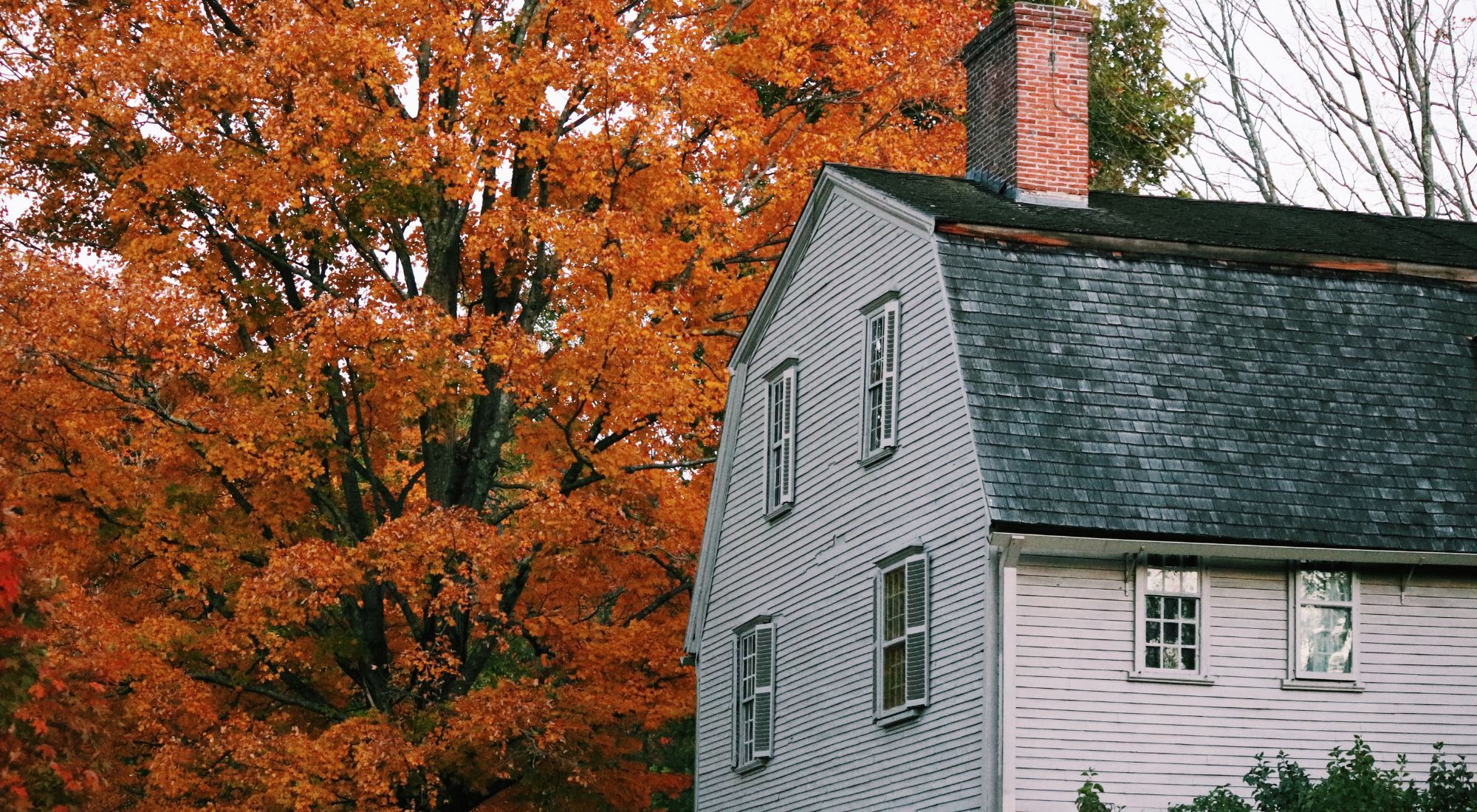 A farm style home in Vermont with colorful trees in the background