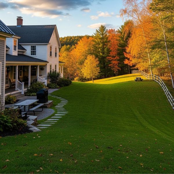A residential backyard in Vermont with a grassy slope. A white farmhouse is on the left, a split-rail fence and colorful autumn trees are on the right, and a stone path leads up the middle of the slope.