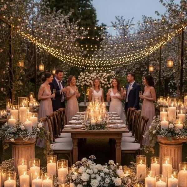 an outdoor wedding with pearl candles