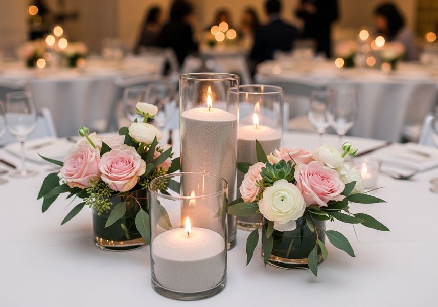 Stunning pink pearled wax candles in vases