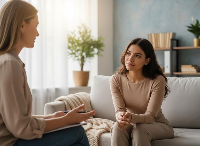 Therapist counseling a thoughtful young woman