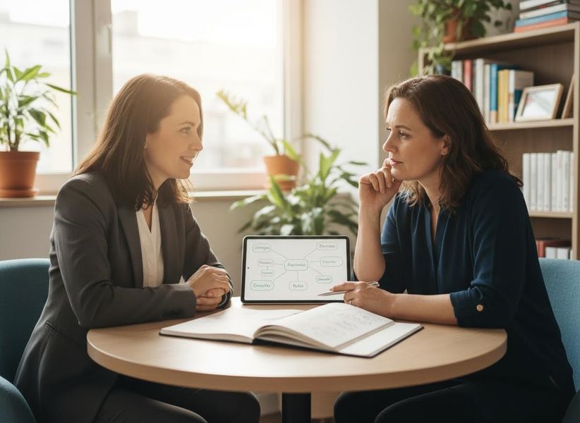 Two Businesswomen Collaborating with a Tablet and Mind Map