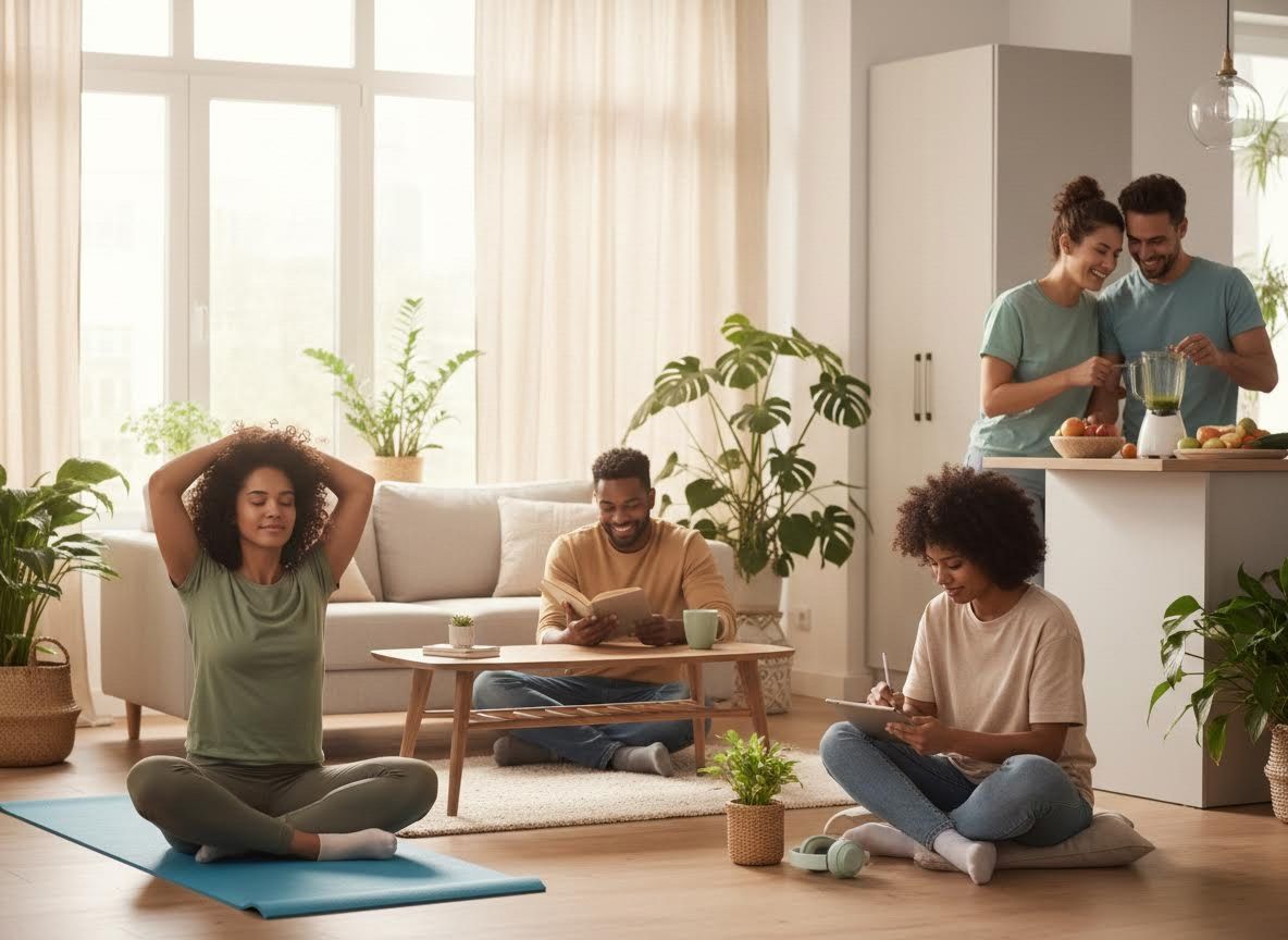 Diverse group practicing mindfulness and hobbies at home