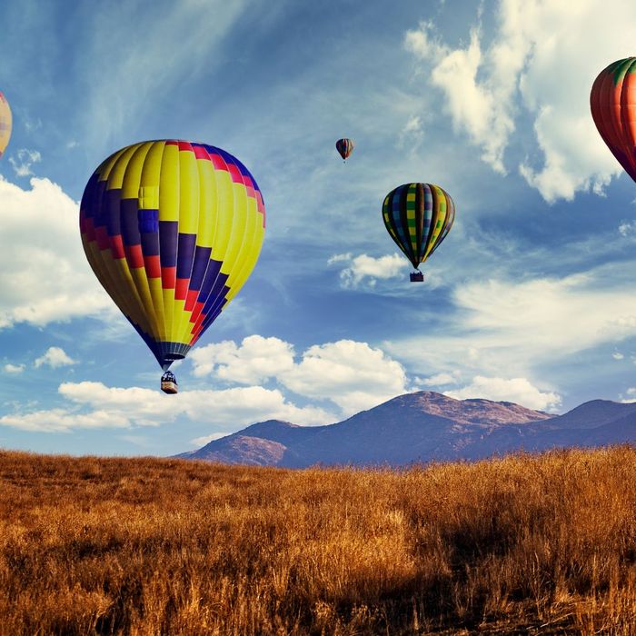 Hot air balloons flying over open land
