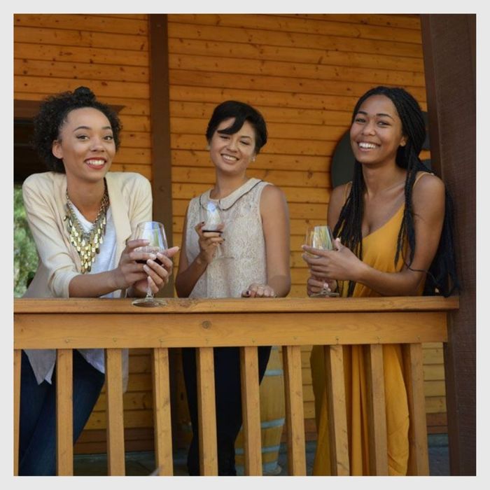 happy ladies with wine