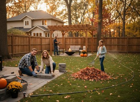 A family is busy in their autumn backyard. Parents lay patio pavers, while their daughter rakes a large pile of leaves. A man is near a pergola. Family building patio and raking leaves in an autumn backyard