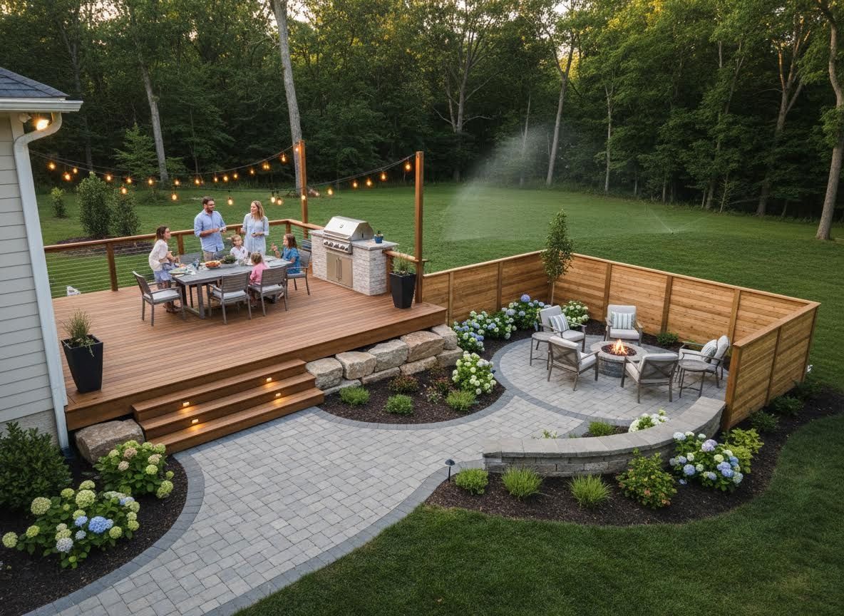 Modern backyard with multi-level deck, outdoor kitchen, and fire pit patio