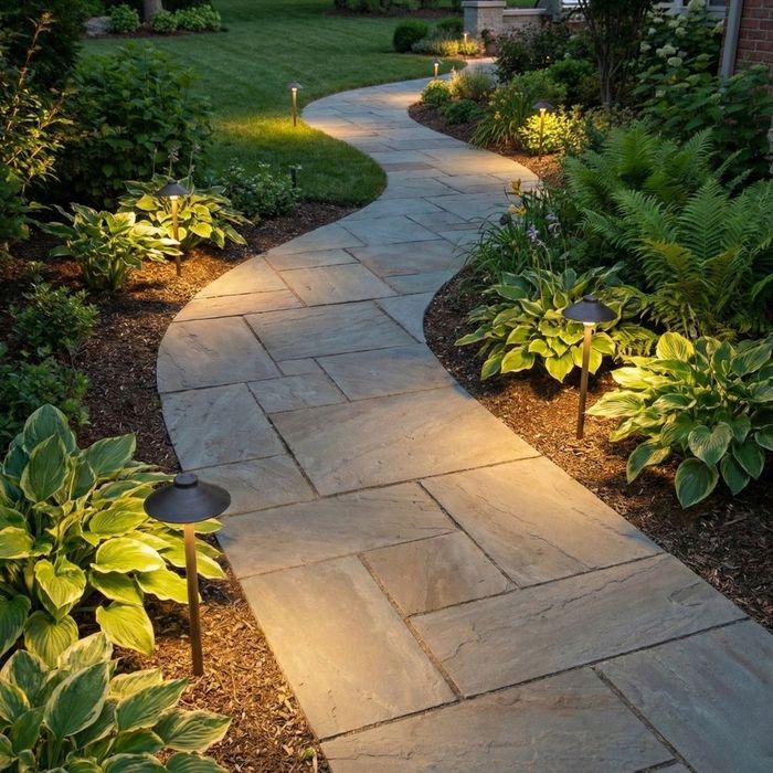 flagstone pathway leading through a landscaped garden connecting different outdoor areas at dusk