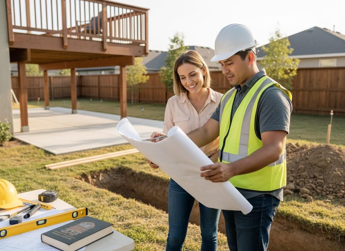 Construction Worker and Homeowner Reviewing Blueprints