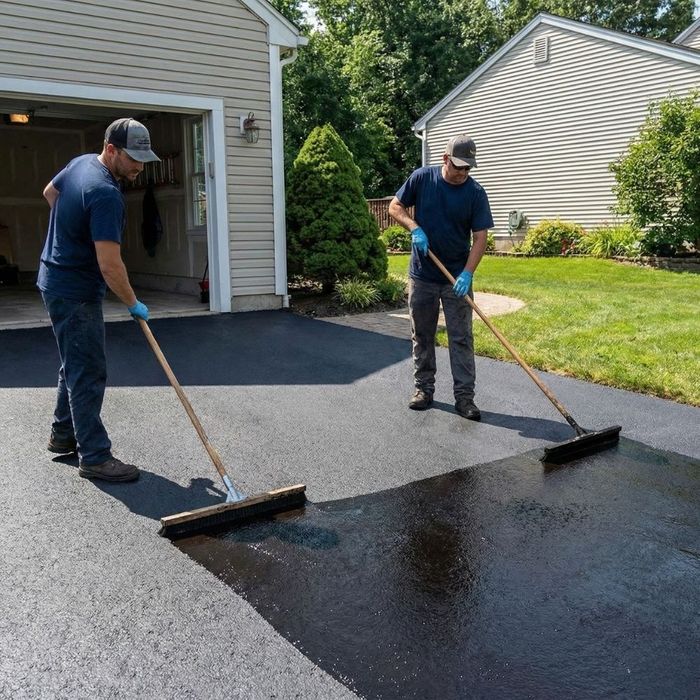 Two paving professionals applying black sealcoat