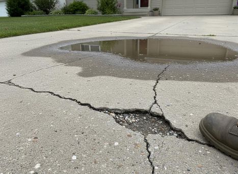 A close-up of a damaged concrete driveway showing a deep pothole filled with gravel, multiple cracks, and a large puddle reflecting the house. Severely Cracked Concrete Driveway with Pothole and Puddle