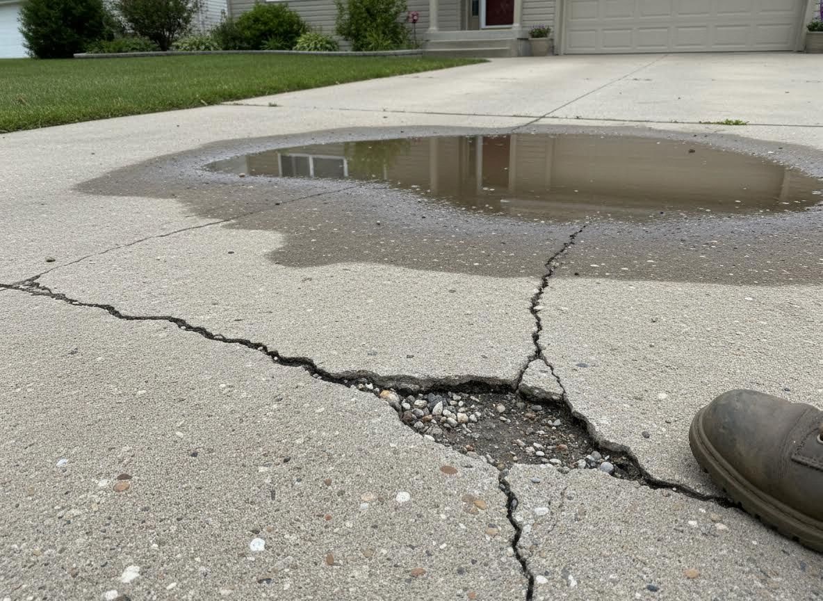 Severely Cracked Concrete Driveway with Pothole and Puddle