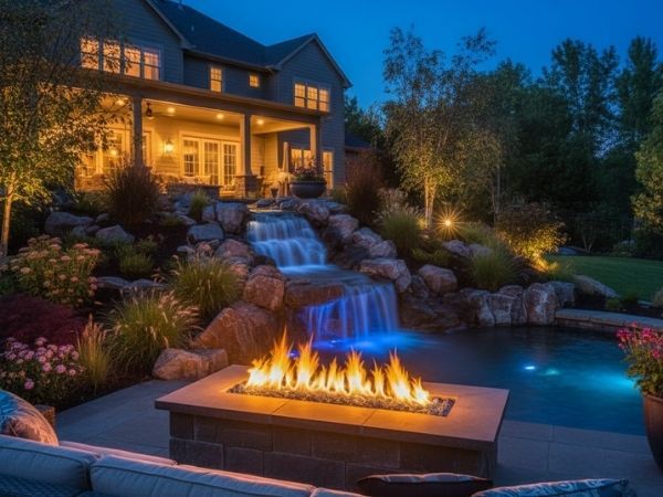 waterfall feature with fire place 