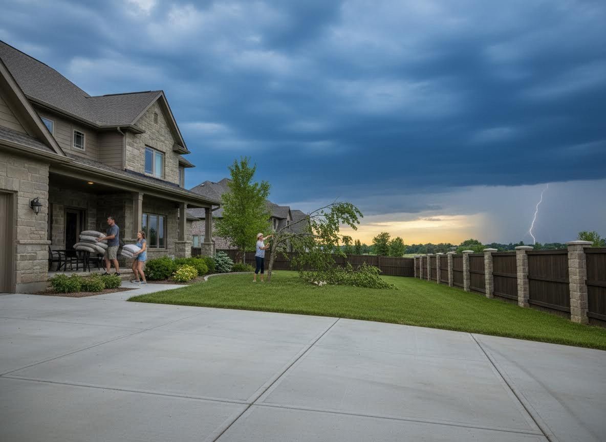Family Prepares for Storm with Sandbags and Tree Trimming